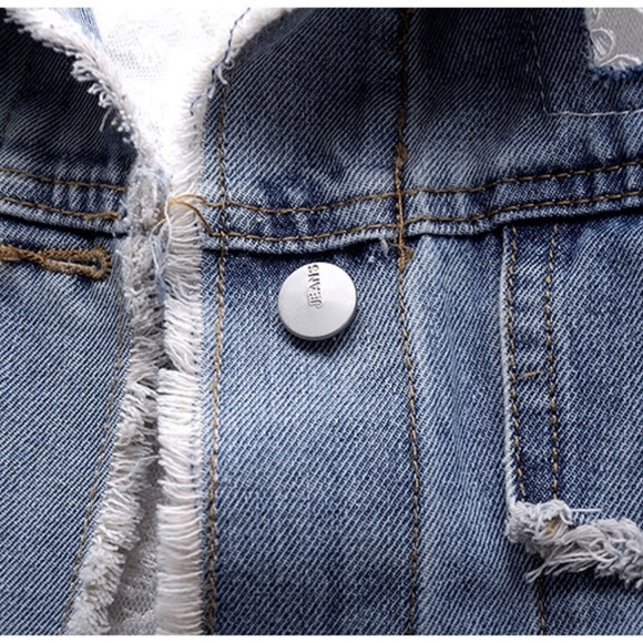 Womens Denim Lace Inset Raw Edge Boho Beautiful Jacket sz medium - Picture 9 of 9